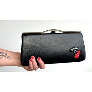 embellished vintage black leather clutch handbag reworked OOAK cherries patch Va